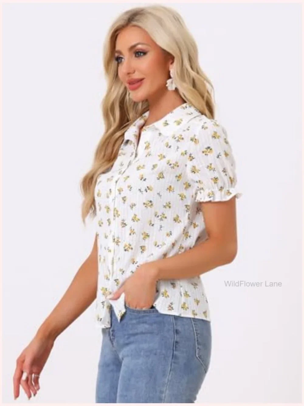 Vintage Peter Pan Collar Cotton Blouse Short Sleeve Button Down Shirt - Picture 3 of 6